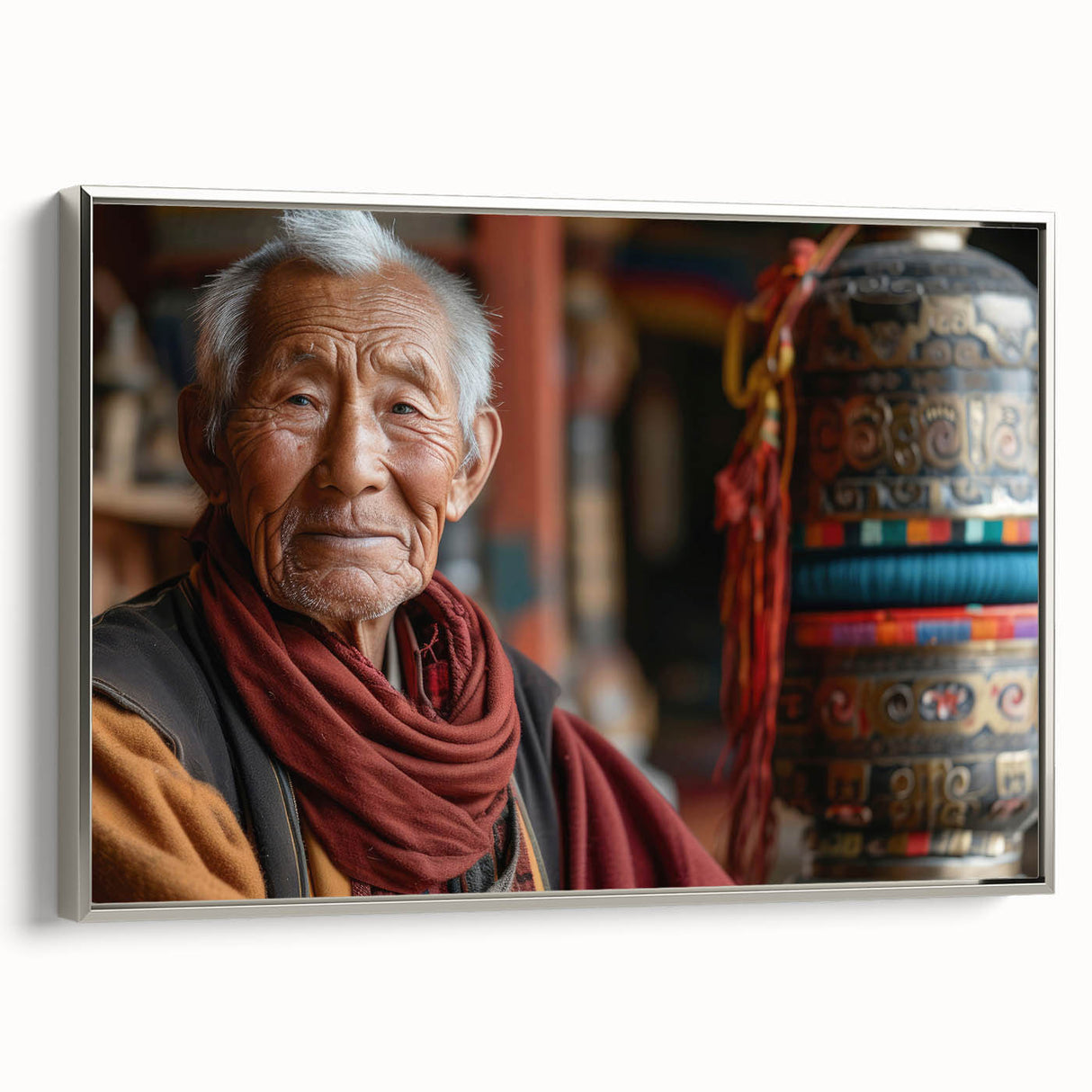 Framed canvas landscape art painting depicting a serene Bhutanese scenery in vibrant colors, ideal for living room decor.