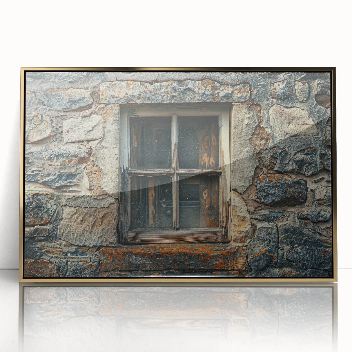 Large acrylic print of a mid-century modernist Asian landscape in muted gold tones, ideal for modern art wall decor.