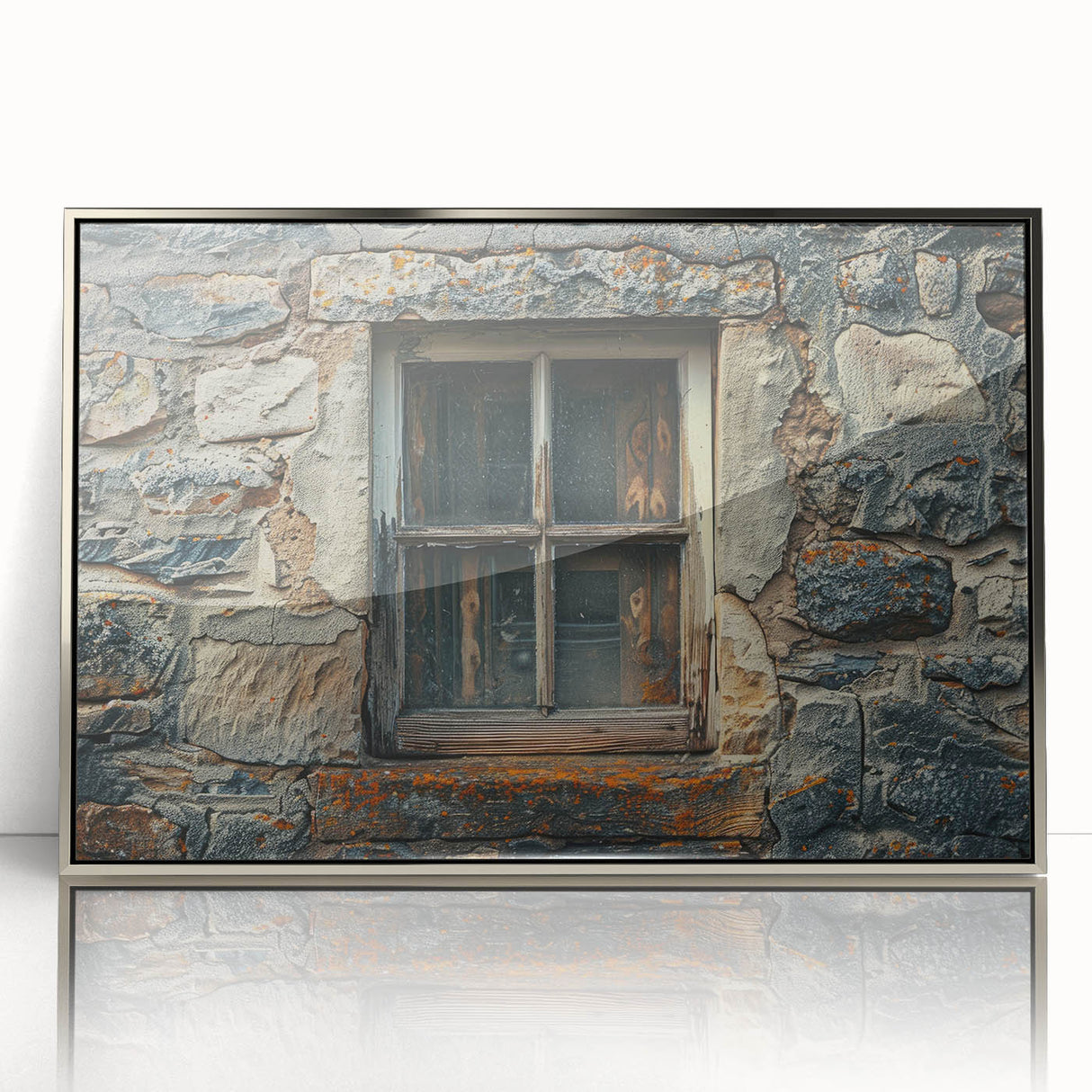 Mid-century modernist art depicting a serene Asian landscape in muted earth tones on a framed acrylic print.