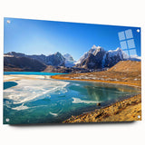 Large abstract wall art depicting a misty mountain scene in muted blue and green tones, printed on acrylic glass.