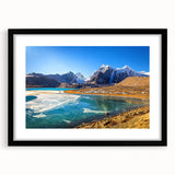Colorful abstract art print depicting a vibrant, textured Indian scenery on a large framed canvas.