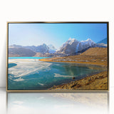 Large art print featuring a mid-century modernist Indian scenery in gold tones on a framed acrylic.