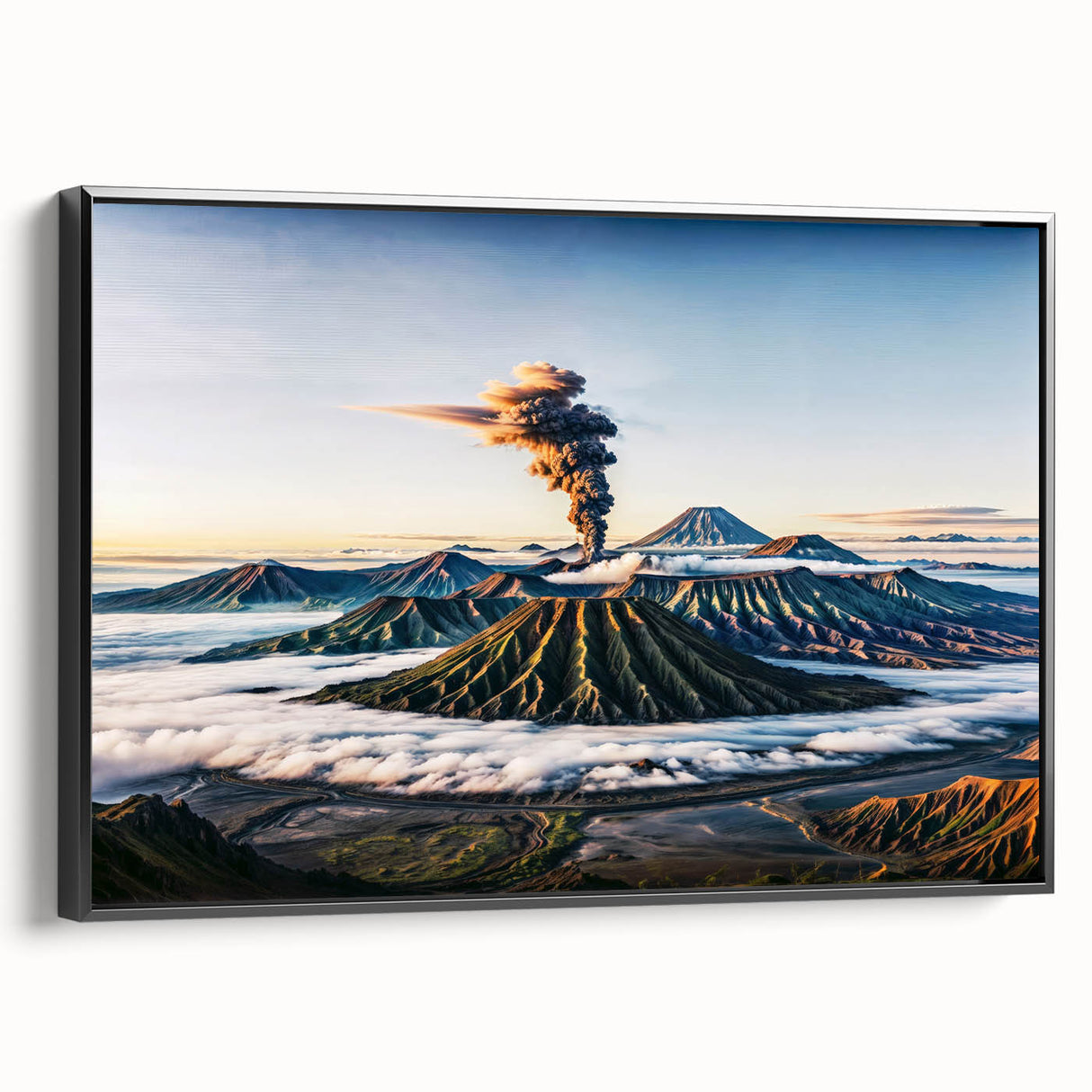 Black and white landscape art painting of Indonesian scenery on framed canvas, ideal for bedroom wall decor.