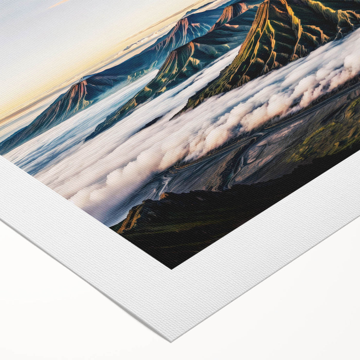Art deco poster featuring a serene Indonesian landscape in muted green and blue tones on rolled canvas.