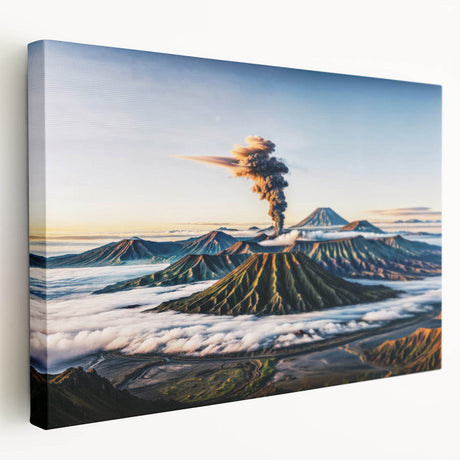 Large canvas print of an Indonesian landscape in rich green and blue tones, ideal for kitchen wall art.