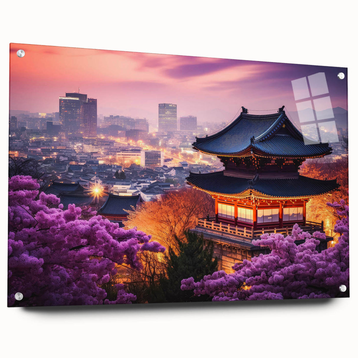 Large abstract wall art depicting an Asian landscape in muted earth tones on acrylic glass.