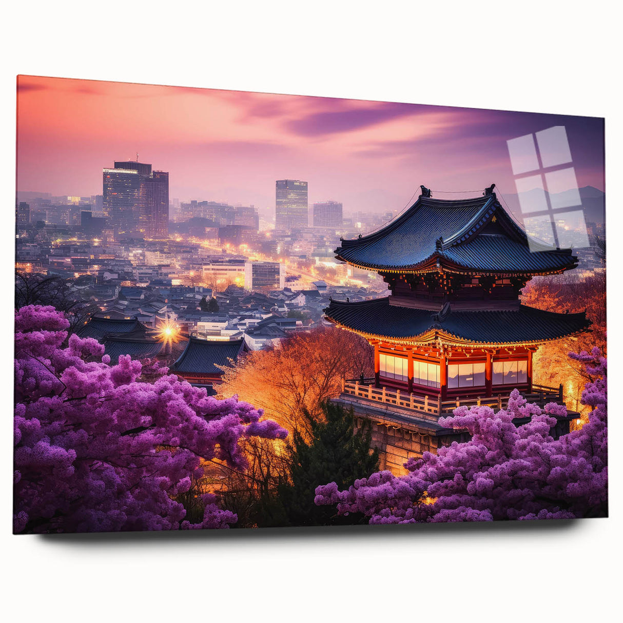 Large abstract wall art depicting Asian scenery in muted earth tones on acrylic glass.