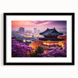 Abstract art print featuring colorful, textured scenery of an Asian landscape on a large framed canvas.