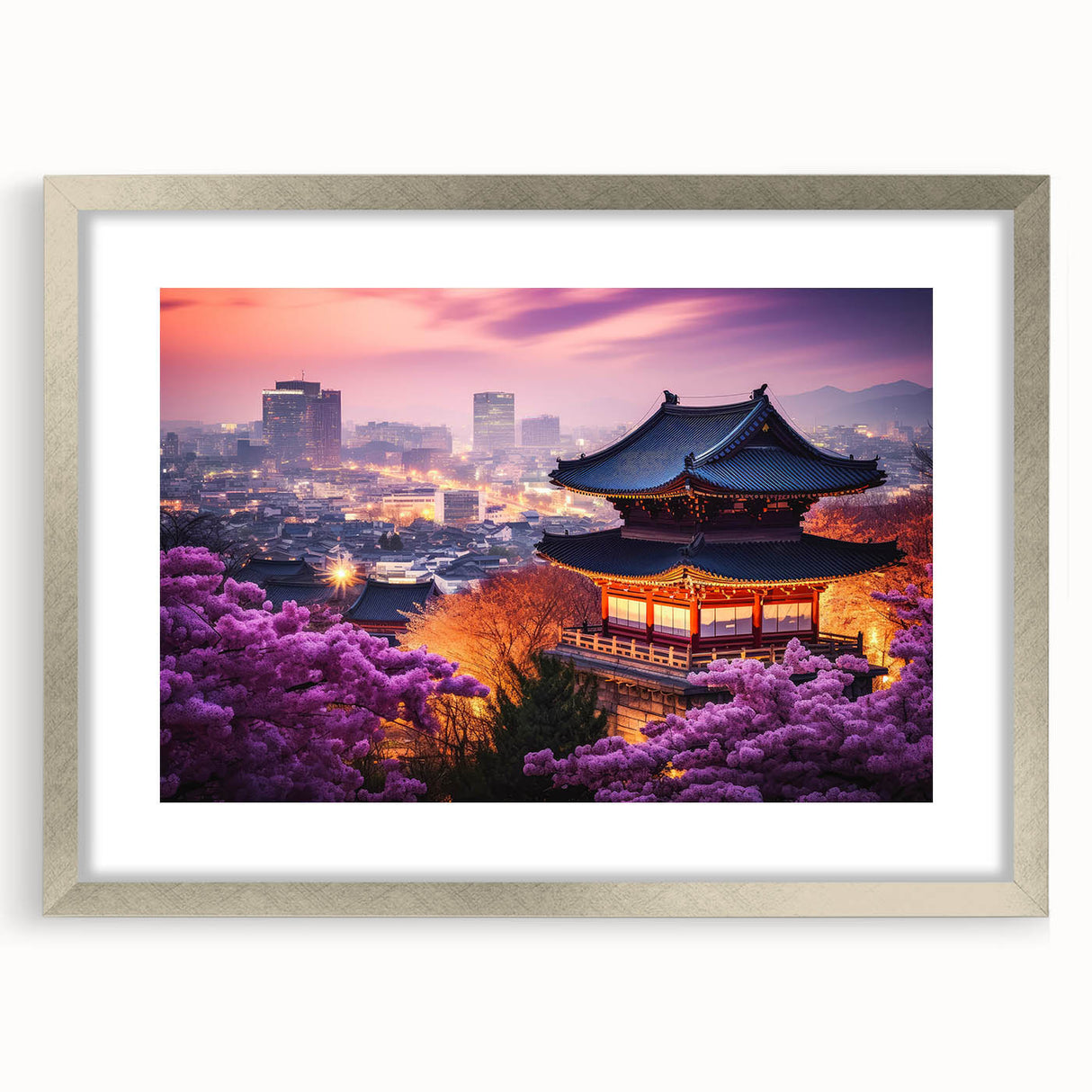 Textured abstract art print depicting a serene Korean landscape in muted earth tones, framed in silver.