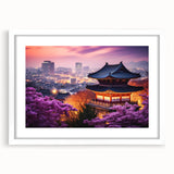 Abstract art print featuring a serene Korean landscape in muted green and blue tones, framed with a white mat.