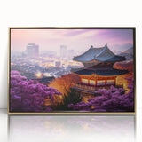 Large art print of a serene Korean landscape in muted green and gold tones, acrylic framed.