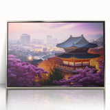 Mid-century modernist art depicting a serene Korean landscape in muted green and blue hues, framed in silver acrylic.