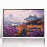 Art deco poster featuring a serene Korean landscape in muted pastel tones on framed acrylic, ideal for modern nursery decor.