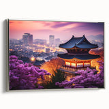 Landscape art painting of a serene Korean scenery on a silver-framed canvas, with vivid green and blue tones.