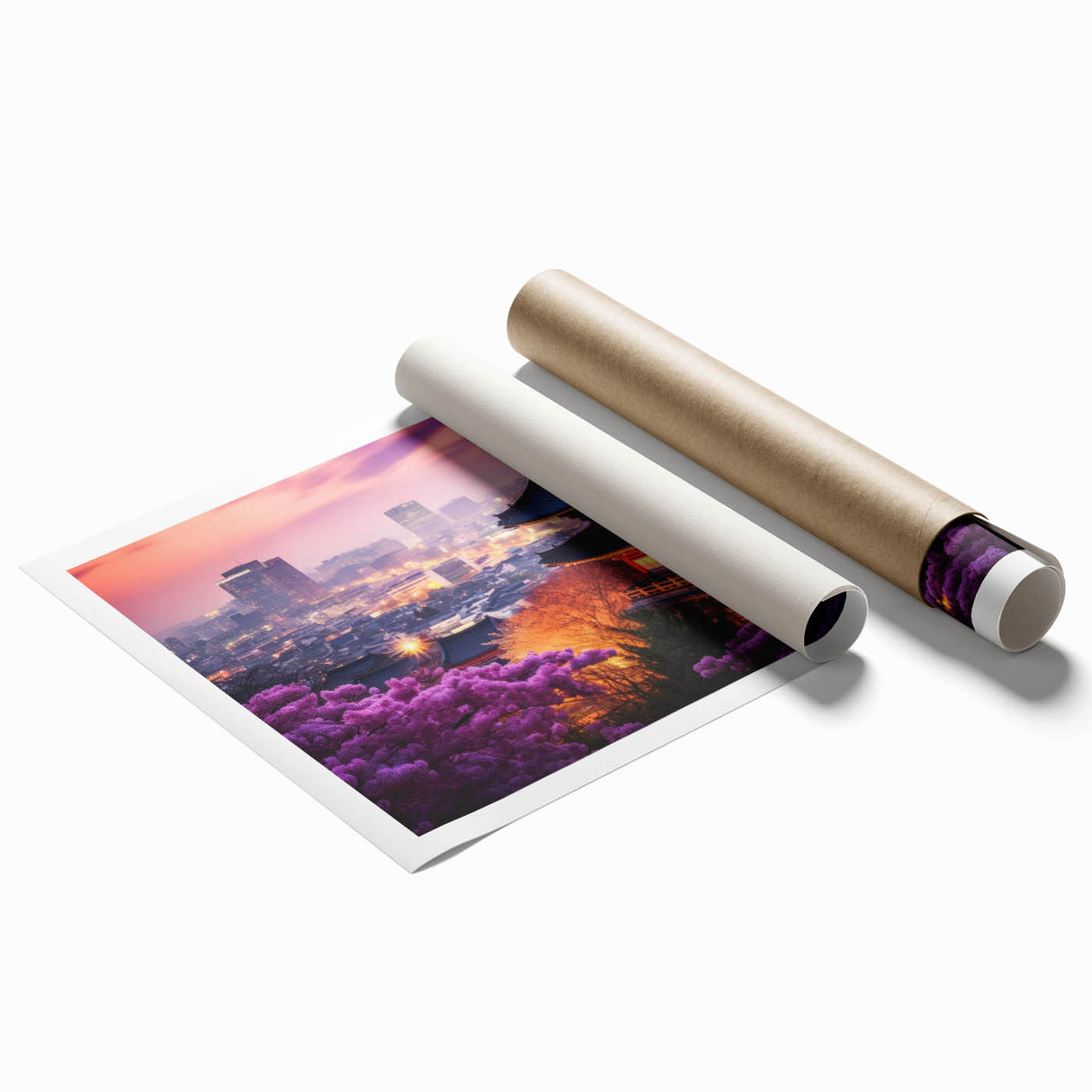 Extra large rolled print of a serene Korean landscape with soft floral elements in muted green and pink tones.