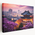 Panoramic view of a Korean landscape on a large stretched canvas, featuring soft pastel colors, ideal for kitchen wall art.