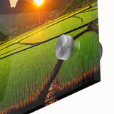 Large abstract wall art depicting a Laos scenery in mid-century modernist style on acrylic glass.