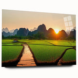 Large abstract wall art of a Laos scenery in muted earth tones on acrylic glass, ideal for bedroom or dining room decor.