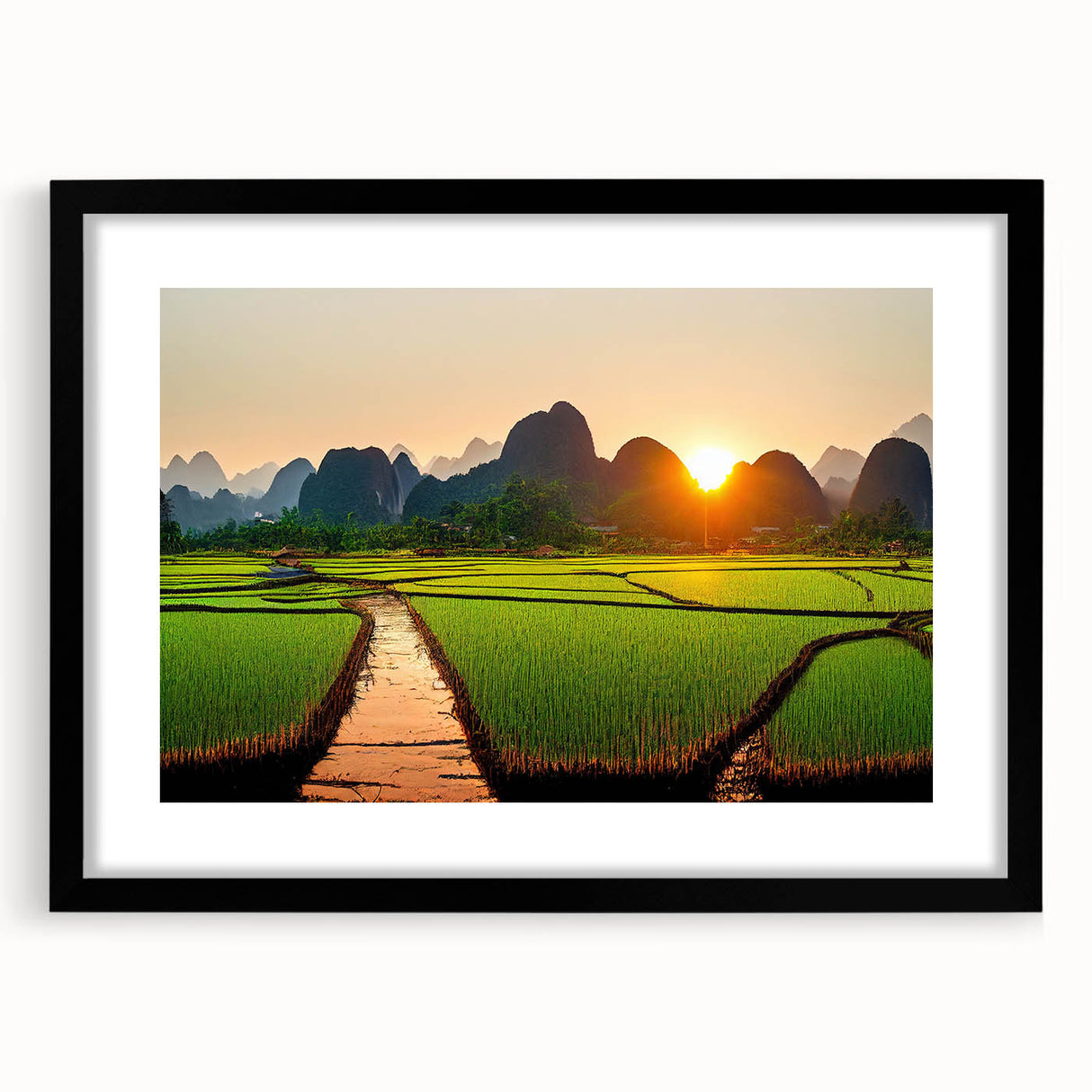 Extra large abstract art print of a colorful, textured Laos scenery on a black framed canvas, ideal for living room decor.