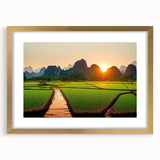 Extra large abstract art print depicting textured scenery of Laos, in muted earth tones, framed in gold.