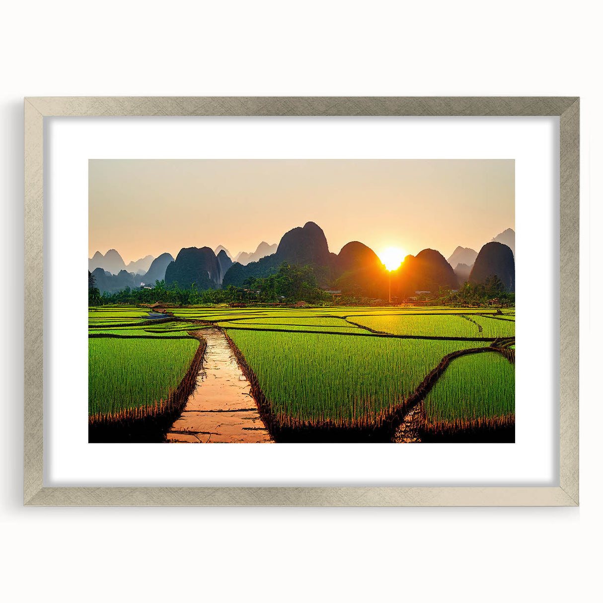 Textured art print featuring an abstract representation of a Laos scenery in muted earth tones, framed in silver.