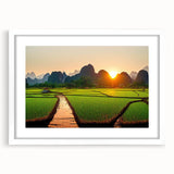 Abstract art print depicting a serene Laotian landscape in soft pastel shades, framed with a white mat.