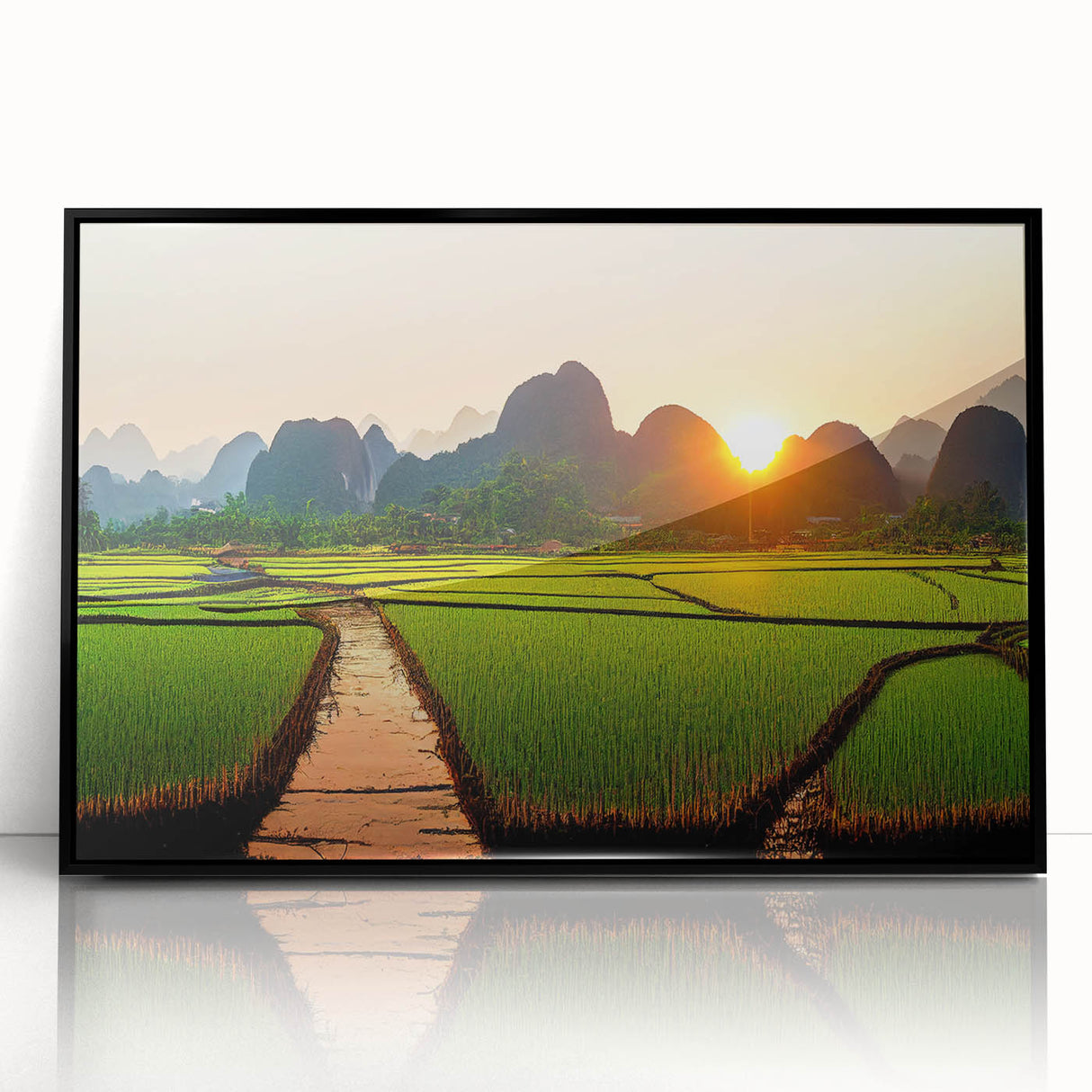 Large abstract wall art featuring a black and white mid-century modernist design of Laos scenery on framed acrylic.