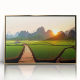 Mid-century modernist acrylic print depicting a Laos scenery in gold and earth tones, ideal for modern art wall decor.