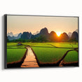 Black and white framed canvas of a Laos landscape, featuring vintage poster art style, ideal for bedroom wall decor.