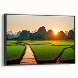 Black and white framed canvas of a Laos landscape, featuring vintage poster art style, ideal for bedroom wall decor.