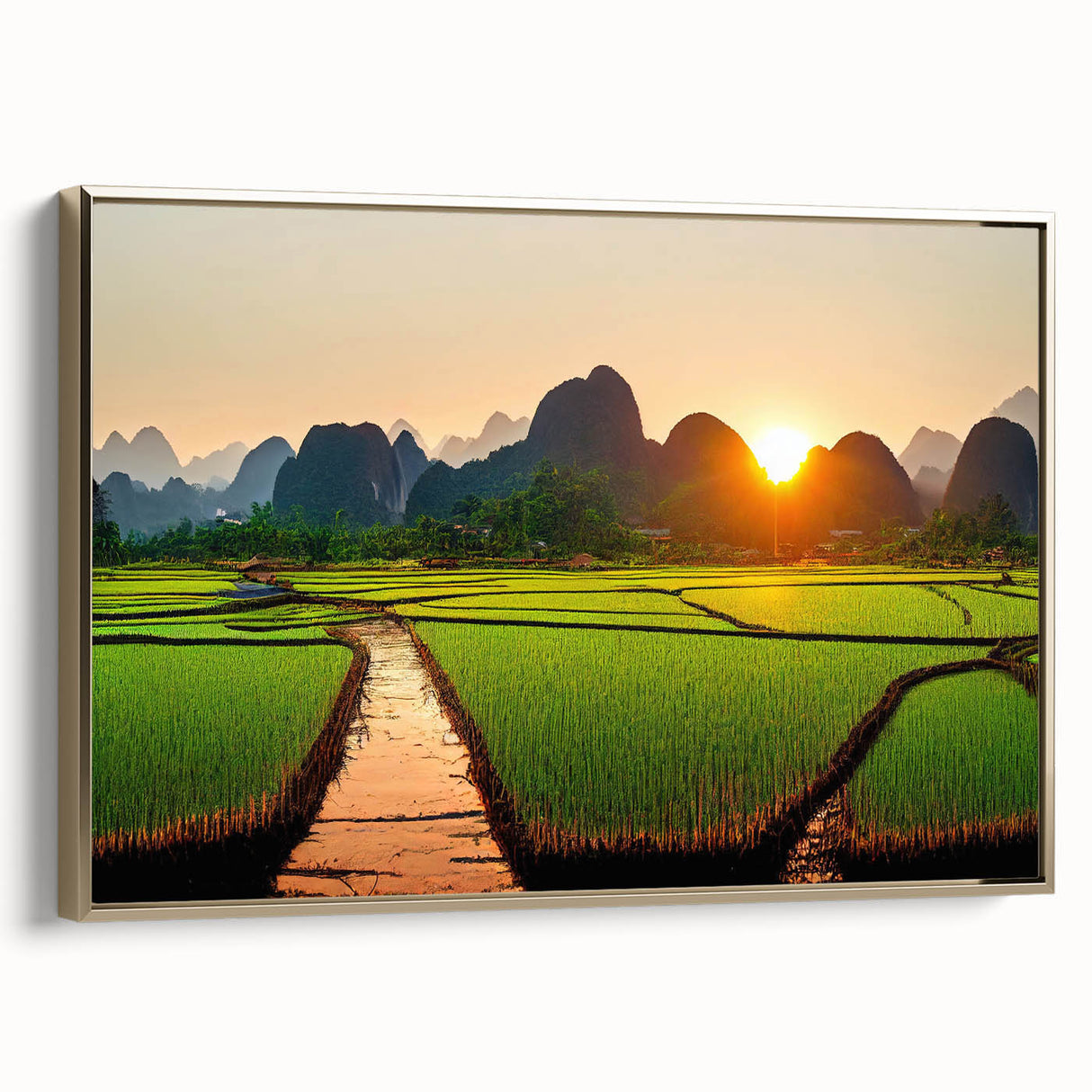 Framed canvas featuring a vintage-style Laos landscape in muted gold and black tones, ideal for bedroom wall decor.