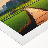 Art deco poster of a Laos scenery in muted earth tones on rolled canvas, suitable for dining room wall art.