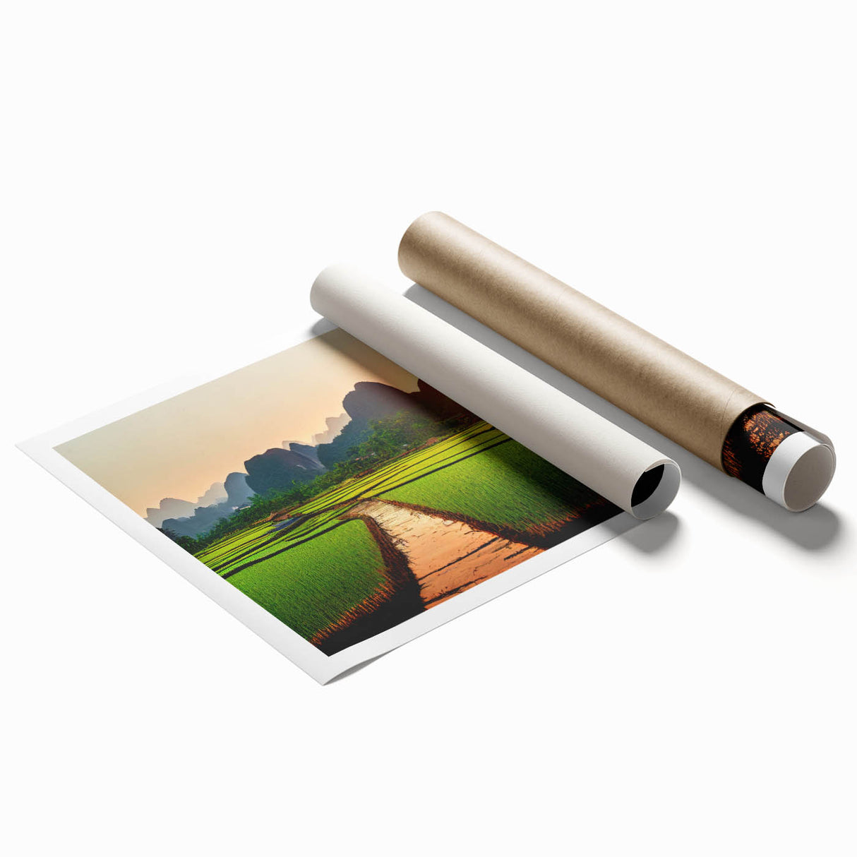 Extra large rolled print of a Laos scenery with vibrant green and floral elements, ideal for classy bathroom wall art.
