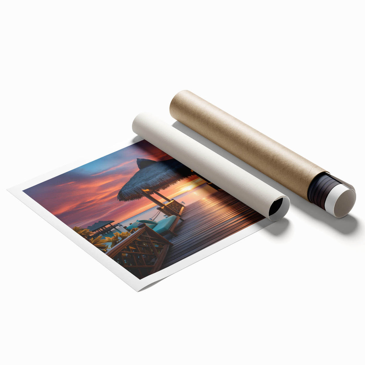 Extra large rolled print of a serene Maldivian landscape with lush florals in soft blue and green tones.