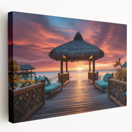 Side view of a large stretched canvas depicting a serene Maldivian landscape in calming blue and green tones.
