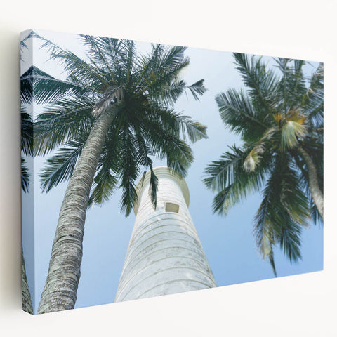 A stretched canvas depicting a serene Sri Lankan landscape in soft green and blue tones, suitable for kitchen wall art.