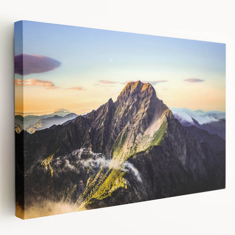 Side view of a stretched canvas featuring a serene Taiwanese landscape in soft green and blue tones.