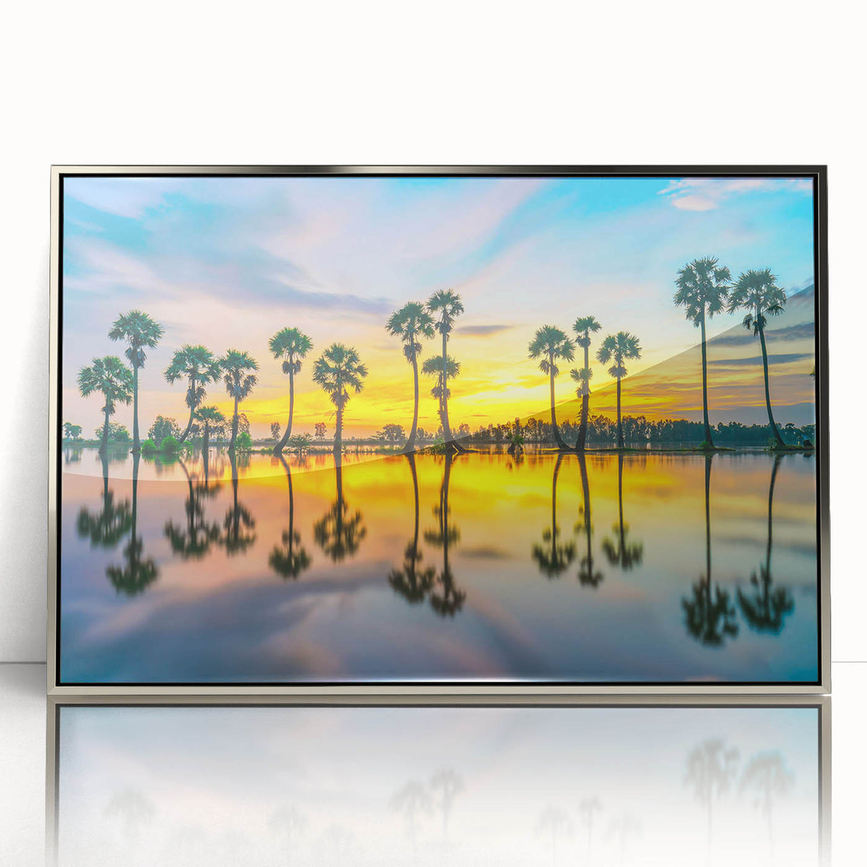 Mid-century modernist art depicting a serene Thai landscape in muted earth tones, framed acrylic.