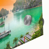 Large abstract wall art featuring a mid-century modernist scene of a Vietnamese landscape in muted earth tones on acrylic…