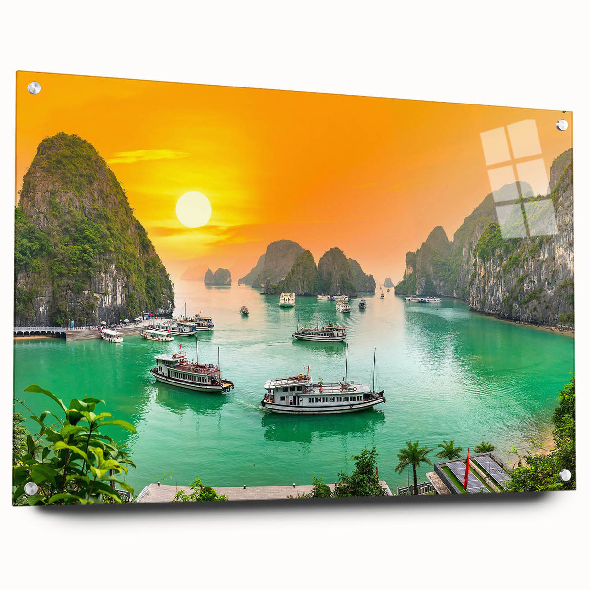 Acrylic print of a Vietnamese landscape in muted green and blue tones, ideal for dining room decor.
