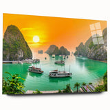 Large abstract wall art on acrylic glass depicting a serene Vietnamese landscape in soft earth tones.