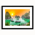 Extra large abstract art print featuring a colorful, textured depiction of a Vietnamese landscape on a black framed canvas.