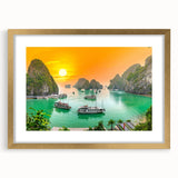 Extra large abstract art print of a Vietnamese landscape in textured gold frame, ideal for living room decor.
