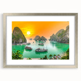 Textured art print depicting an abstract Vietnamese landscape in muted earth tones, framed in silver.