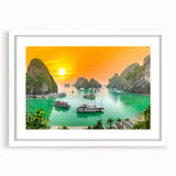Abstract art print of a Vietnamese landscape in muted green and blue tones on a framed white canvas.