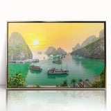 Mid-century modernist style large art print of a Vietnamese landscape in gold and green tones on framed acrylic.