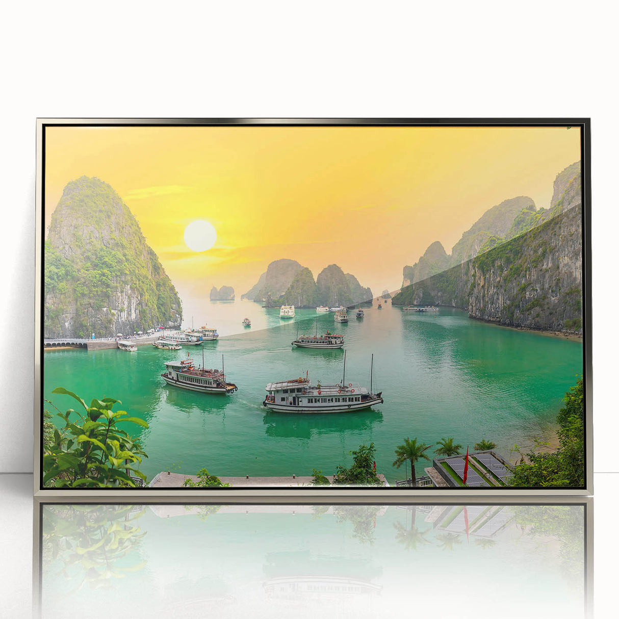 Mid-century modernist acrylic print featuring a serene Vietnamese landscape in muted earth tones.