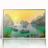 Framed acrylic print of a serene Vietnamese landscape in muted green and blue tones, ideal for modern art wall decor.
