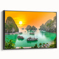 Black and white framed canvas featuring a vintage-style landscape painting of a Vietnamese scenery.