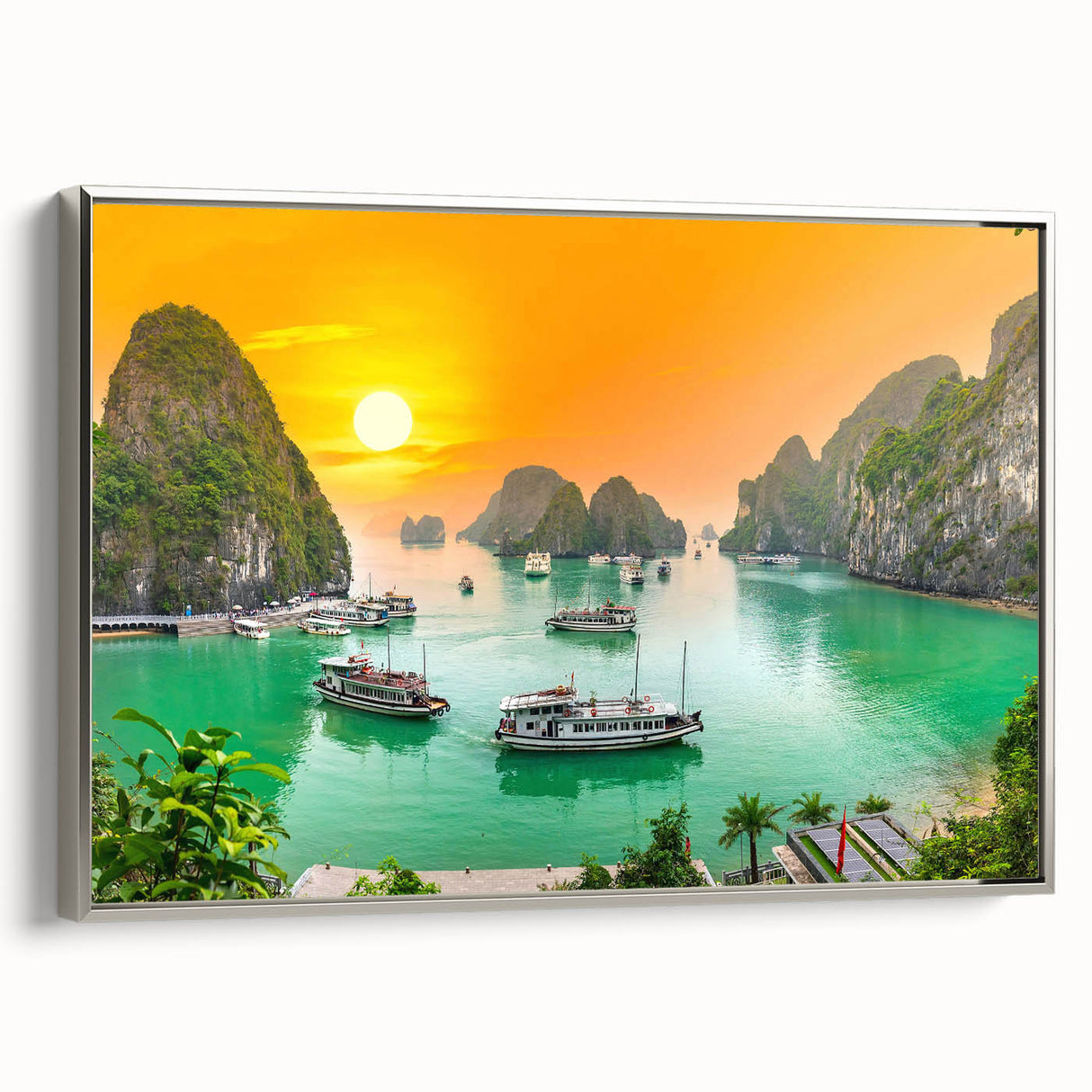 Landscape art painting of a Vietnamese scenery in vibrant colors on a framed canvas, ideal for living room decor.